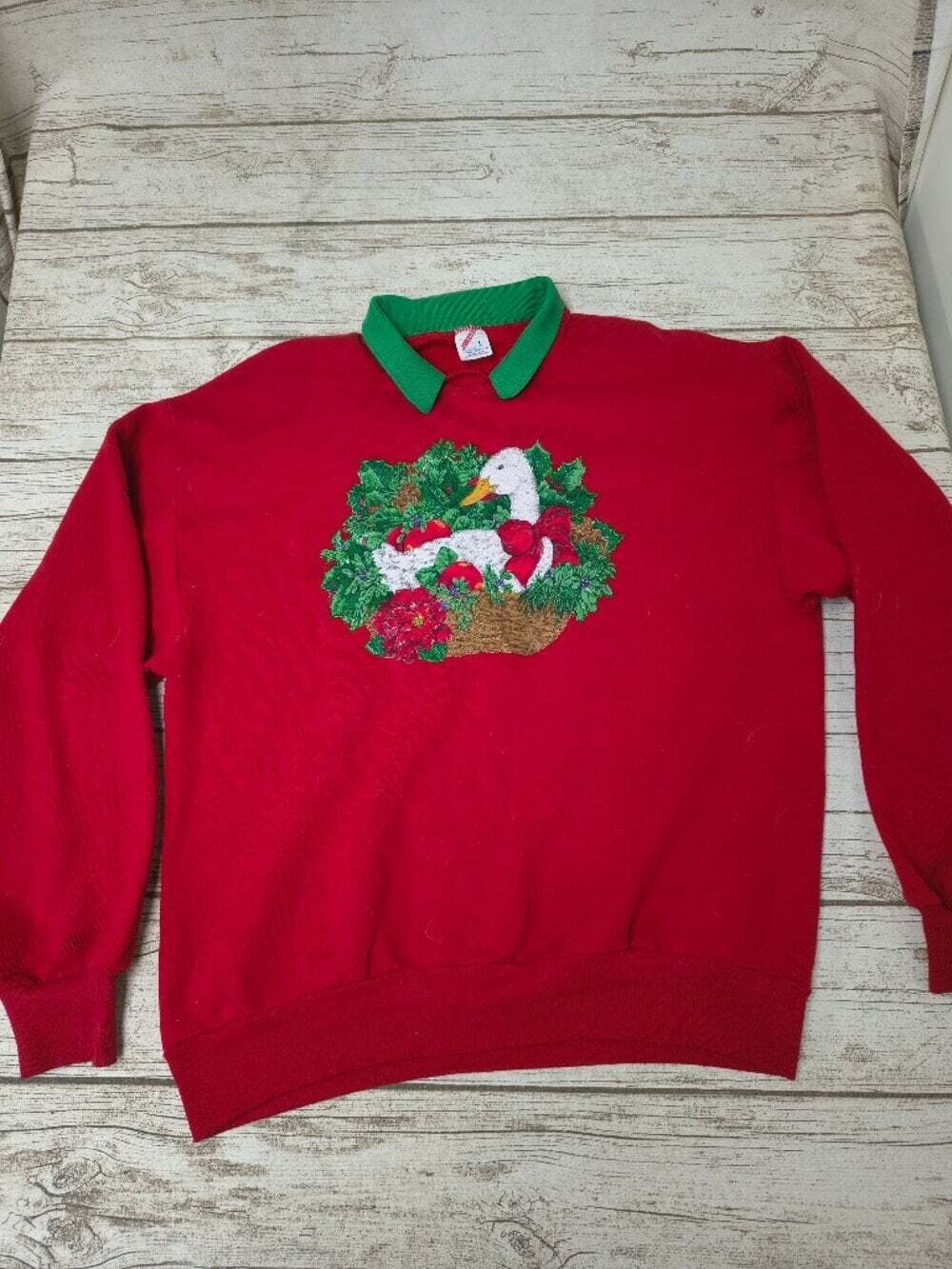 Vintage Jerzees Made in USA Red and Green Goose Christmas SweaterSize Large